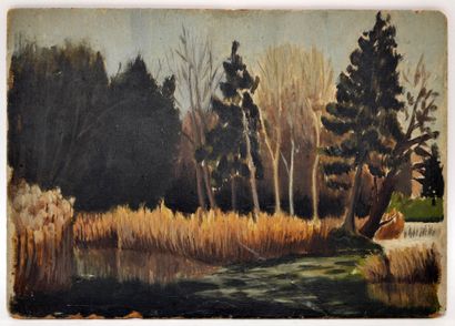  Pierre MATISSE (1900-1989) Paysage au bord de l’eau. Huile sur carton annoté au... Gazette Drouot