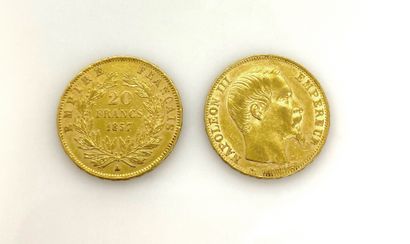 null Deux PIECES de 20 francs or Napoléon III tête nue 1854 et 1857.