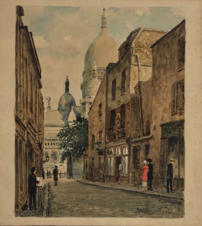 Amédée PRÉVOST, (XIX-XX). Rue animée à Montmartre....