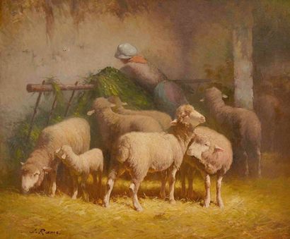 null Jules Louis RAME (1855-1927) Moutons dans la bergerie Huile sur toile signée...
