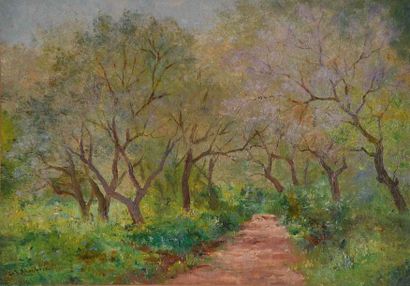 null John-Lewis SHONBORN (1852-1931) Chemin en sous bois. Huile sur toile signée...