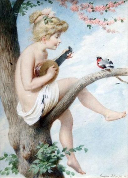 null Eugen Johann Georg KLIMSCH (1839-1896). Fillette à la mandoline. Miniature signée...