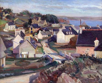 null Harry SHENKER (1892-1979) Panorama de port breton. Huile sur toile signée au...