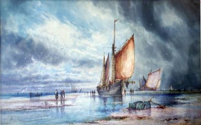 null William STEWART (1823-1906) Voiliers et femmes de pêcheurs à marée basse. Aquarelle...