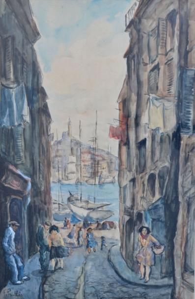null Fred PAILHES (1902-1991). Rue de Marseille, vue sur le Vieux Port et la Bonne...