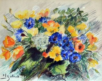 null *IZELLO (?). Bouquet de bleuets et fleurs des champs. aquarelle et pastel, signé...