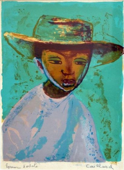 null *Christian CAILLARD (1899-1985). Garçonnet au chapeau. Lithographie en couleurs...