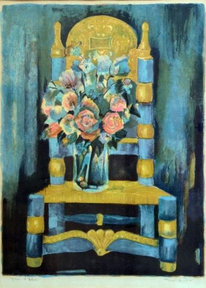 null *Tony AGOSTINI (1916-1990). Nature morte au bouquet et à la chaise. Lithographie...