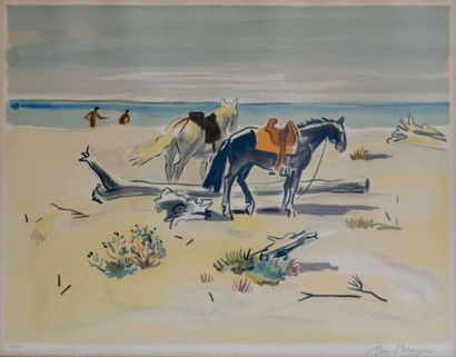 null *Yves BRAYER (1907-1990). Chevaux sellés sur la plage. lithographie en couleurs...