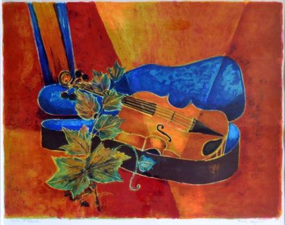 null *Tony AGOSTINI (1916-1990). Nature morte au violon. Lithographie en couleurs...
