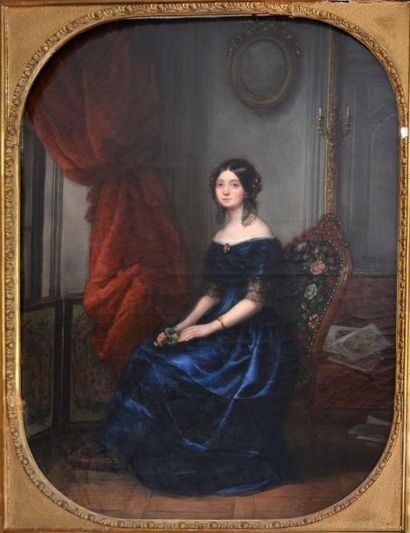 null Ecole française vers 1830-40. Portrait de jeune femme assise. Huile sur toile....