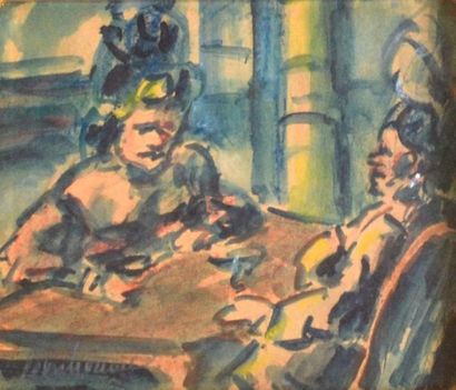 null Léon BONHOMME (1870-1924) femmes au café. Fusain, lavis d'encre et aquarelle...