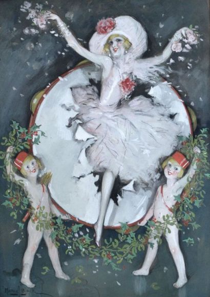 null Marcel BLOCH (1884-?) Femme au pétales de fleurs. Aquarelle et gouache signée...