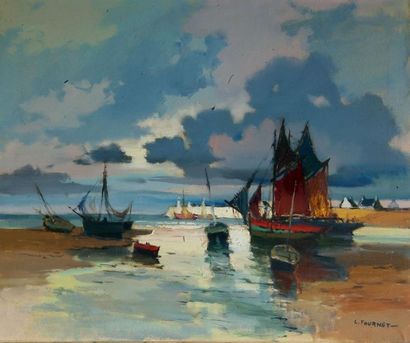 null Lucien FOURNET (1902-1975) . Voiliers à marée basse en Bretagne. 54 x 65 cm