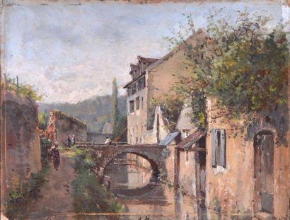 null Léon PELLENC (1819-1894). Petit Pont dans le village Huile sur papier marouflée...