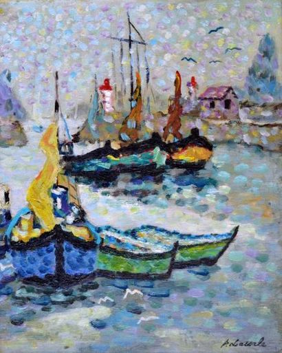 null Pierre LASSALE (1939). Honfleur, bateaux à quai. Huile sur isorel signée en...