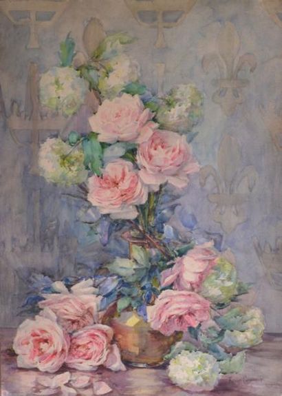 null Francine GAUDRION, XIXe, XXe. Roses dans un pot de cuivre. Aquarelle signée...