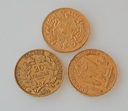 null TROIS PIECES en or: deux pieces de 20 francs 1851 et 1897 et une piece de 20...