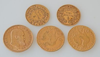 null CINQ PIECES en or: deux pieces de 10 francs 1912 et 1906, 10 marks 1907 et deux...
