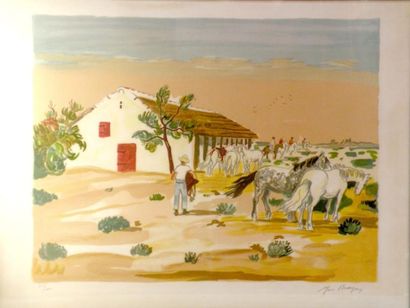 null Yves BRAYER. Mas et chevaux en Camargue. lithographie en couleurs signée en...