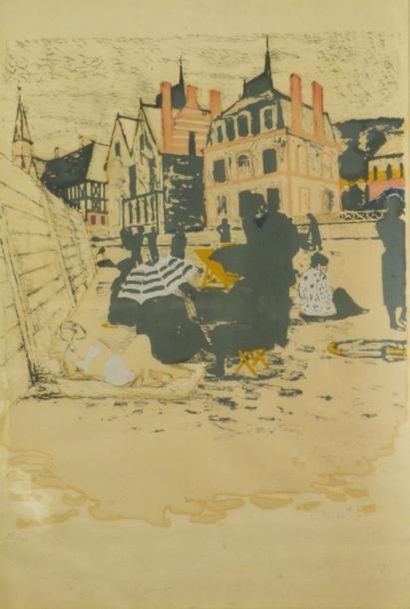 null NON VENU *Maurice BRIANCHON (1899-1979). Sur la plage. Lithographie en couleurs,...