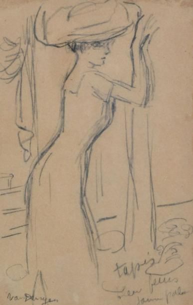 null Kees VAN DONGEN (1877-1968) Jeune femme essayant un chapeau Crayon noir signé...