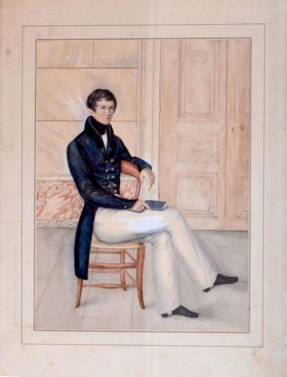 null Ecole française vers 1830-40. Jeune élégant assis. Aquarelle. 26,5 x 20 cm