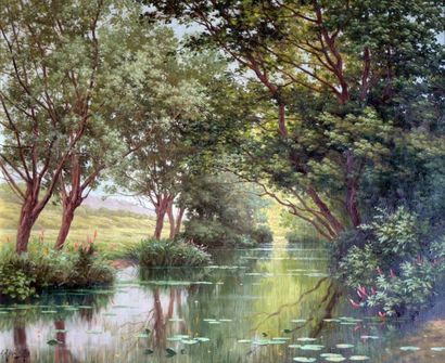 null René Charles Edmond HIS (1877-1960). Rivière ombragée sous les arbres. Huile...