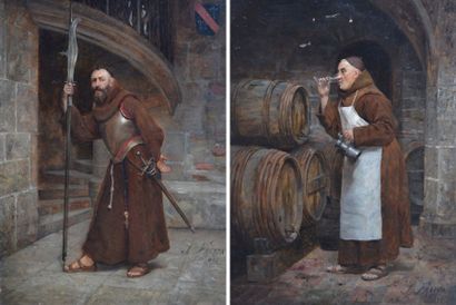 null José FRAPPA (1854-1904). Moine en armure, et moine buveur. Paire d?huiles sur...