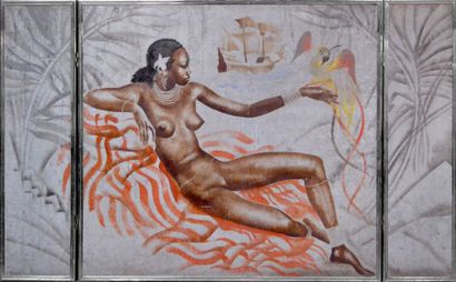null Milivoy UZELAC (1897-1977). La belle africaine au ara. Technique mixte en triptyque...