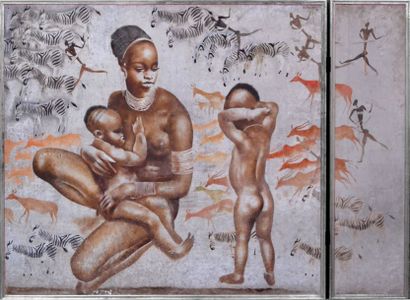 null Milivoy UZELAC (1897-1977). Mère africaine et ses deux enfants. Technique mixte...
