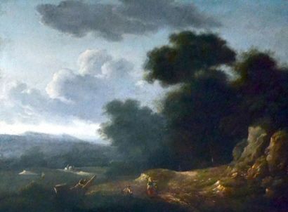 null Lazare BRUANDET ( 1755-1804). Conversation dans un paysage. Huile sur panneau...