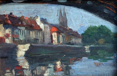 null Fernand ALLARD L'OLIVIER (1883-1933) Reflets sous un pont. Huile sur panneau...