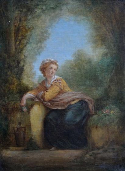 null Adolphe J.-Baptiste BAYOT (1810-?). Femme pensive à la fontaine tenant une rose....