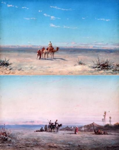 null Paul B. PASCAL (1832-c.1903). Caravanes dans le désert, 1885. Paire d'aquarelles...