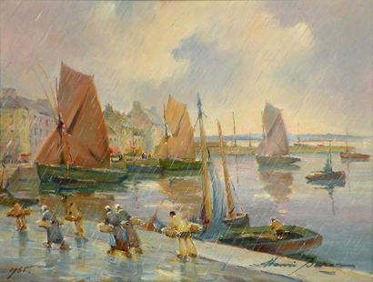 null Henri BURON (1880-1969) . Pluie sur le port. Huile sur isorel signée en bas...