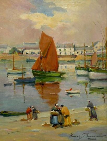 null Henri BURON (1880-1969). Discussion sur le port. Huile sur isorel signée en...