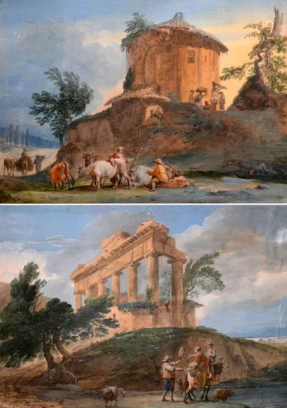 null Jean Pierre Louis Laurent HOUEL (1735-1813). Passage du gué près d'un temple...