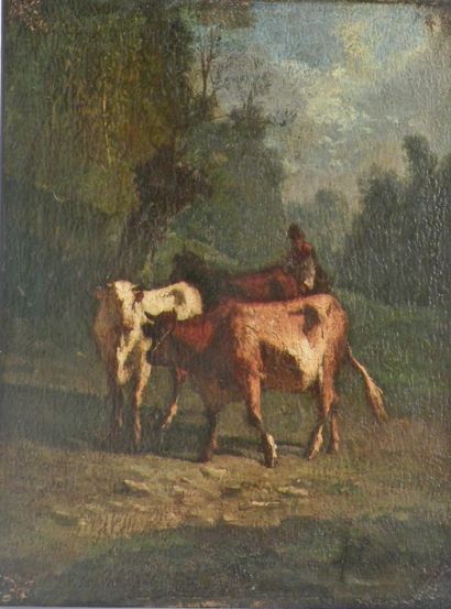 null Antonio Cordero CORTES (1827-1908). Vaches et leur gardien dans un paysage....