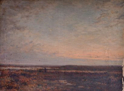 null Jean Ferdinand CHAIGNEAU (1830-1906). Berger et troupeau dans les marais. Huile...