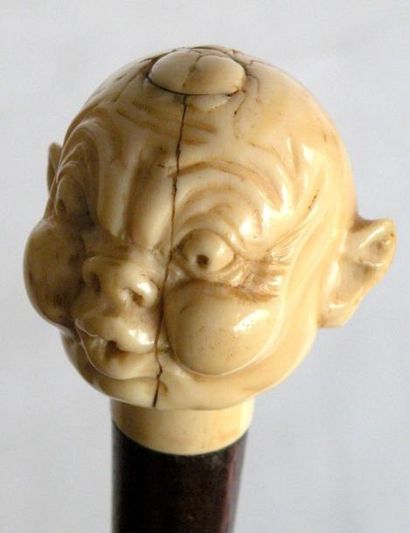 null CANNE à pommeau en ivoire sculpté d’une tête soufflant un scarabée sur la tête,...