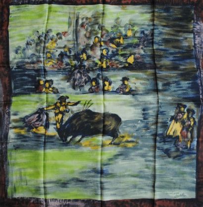 null JEANNE LANVIN, Castillo - foulard en soie imprimée, 90 x 90 cm, thème corrida...