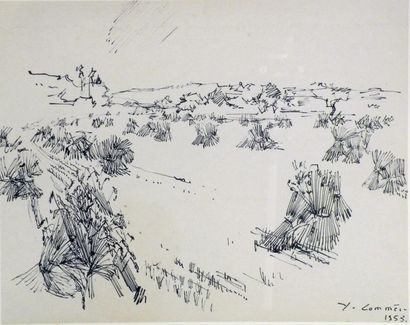 null Jean COMMERE (1920-1986). Champ de blé. Dessin à l'encre signé en bas à droite...