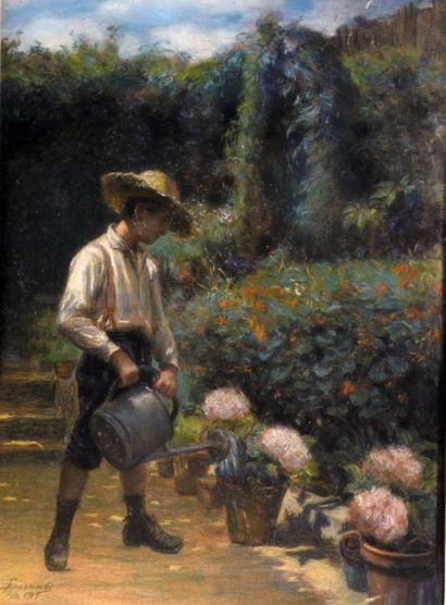 null François DURANTI (Naples 1857 - ? après 1900). Le petit jardinier. Pastel signé...