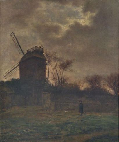 null François DURANTI (Naples 1857 - ? après 1900). Moulin à Montmartre. Huile sur...