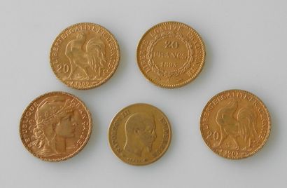 null LOT composé de QUATRE PIECES de 20 francs or 1895, 1907, 1909, 1912 et une PIECE...
