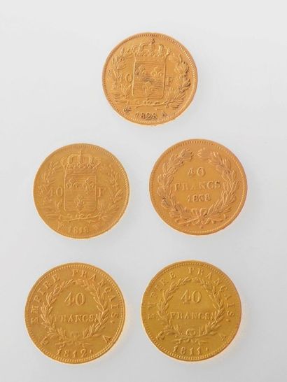 null *CINQ PIECES DE 40 francs or 1811, 1812, 1818, 1828 et 1838