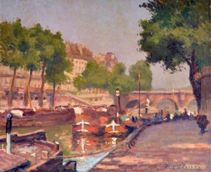 null André CHAPUY (c.1885-1941) Quai animé à Paris. Huile sur toile signée en bas...