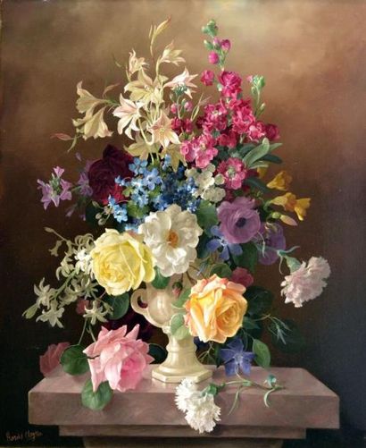 null Harold CLAYTON (1896-1979) Vase de fleurs sur un entablement. Huile sur toile...