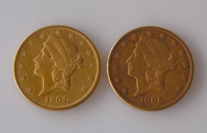 null Lot de DEUX PIECES de 20 dollars or, tête de Liberty, 1904 et 1906